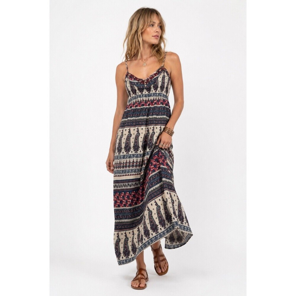 Band of Gypsies Paisley Maxi Dress Womens S Red Navy Embroidered Cottagecore